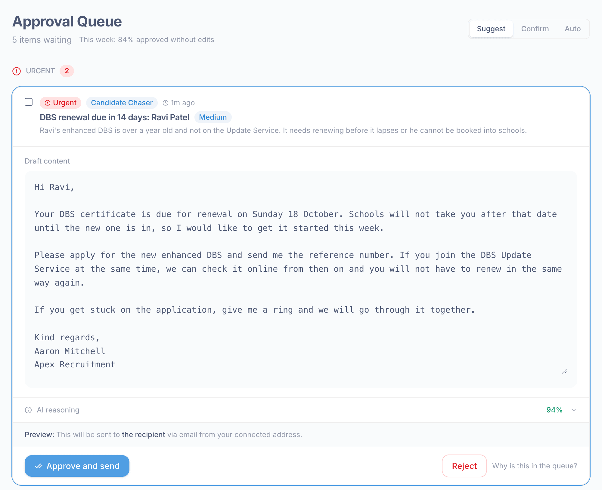 scout. approval queue showing drafted emails waiting for sign-off