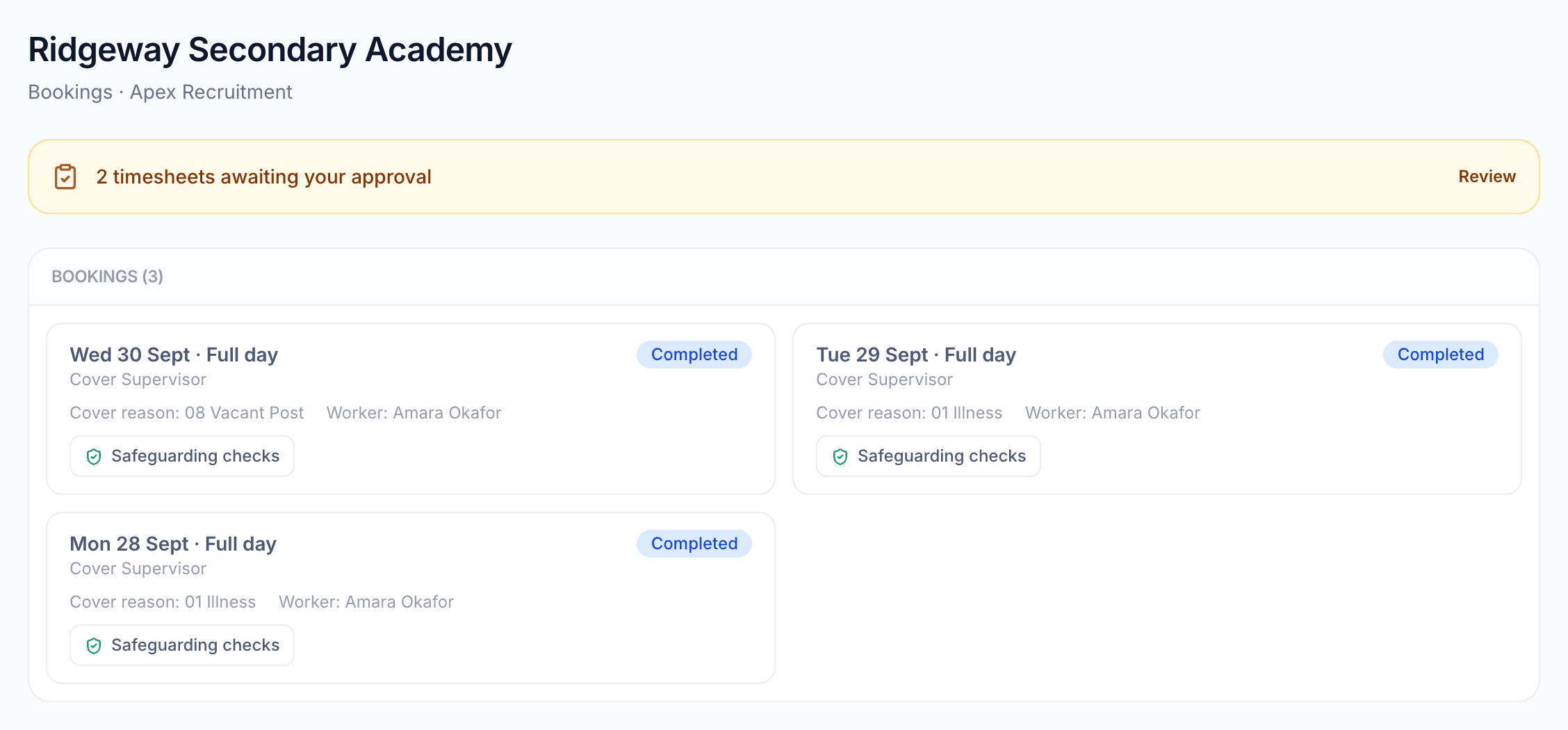 scout. school portal showing a school's own bookings, who is coming, and timesheets awaiting its approval
